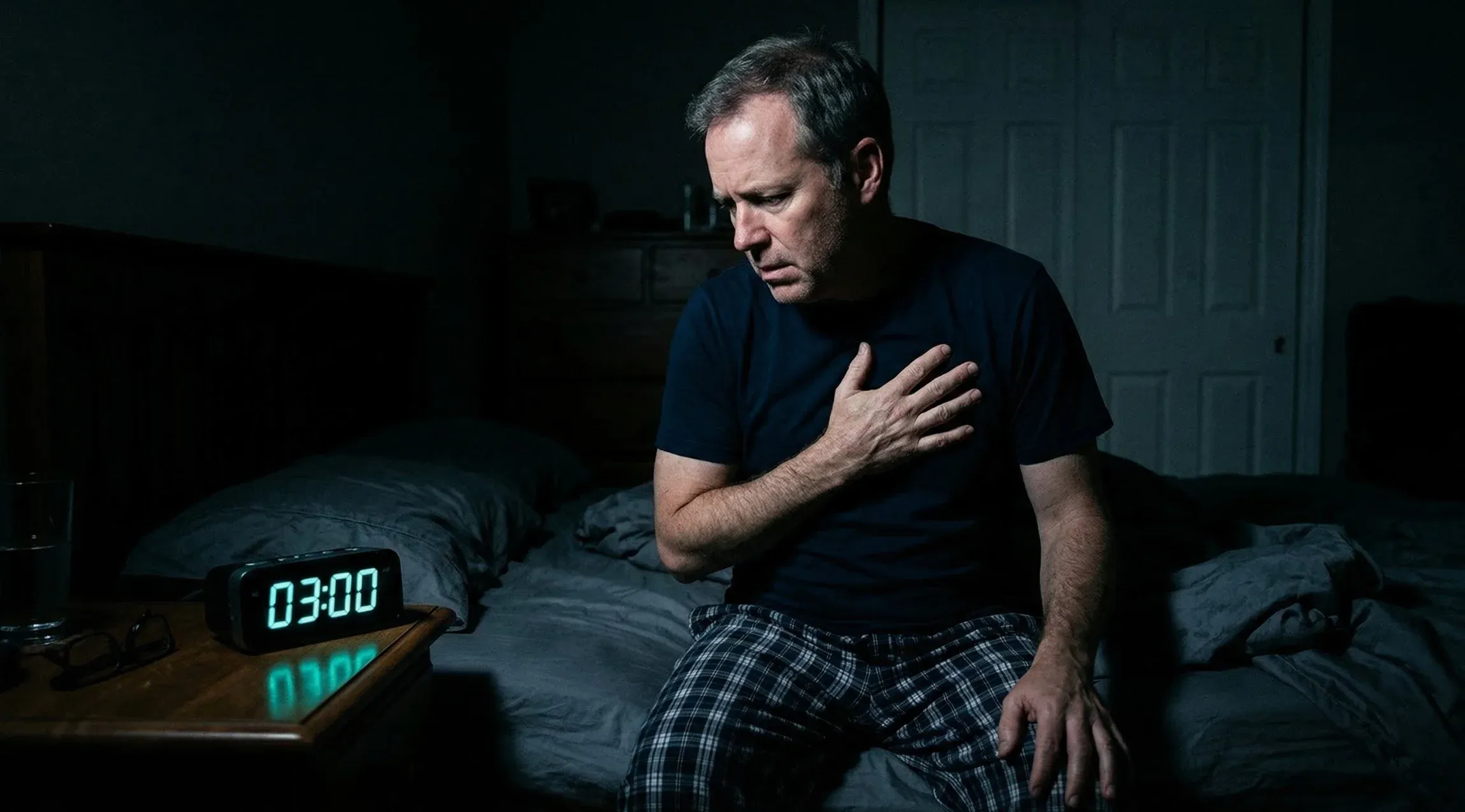 Worried man sitting on bed at night clutching his chest experiencing heart palpitations