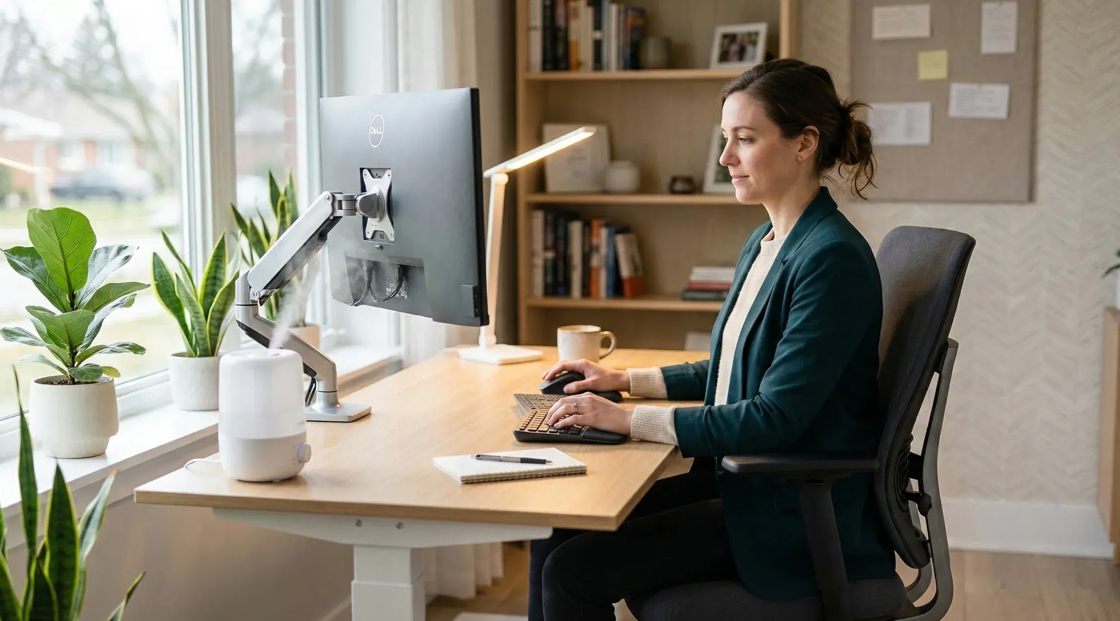 Healthy ergonomic workspace setup with correct monitor height and air humidifier