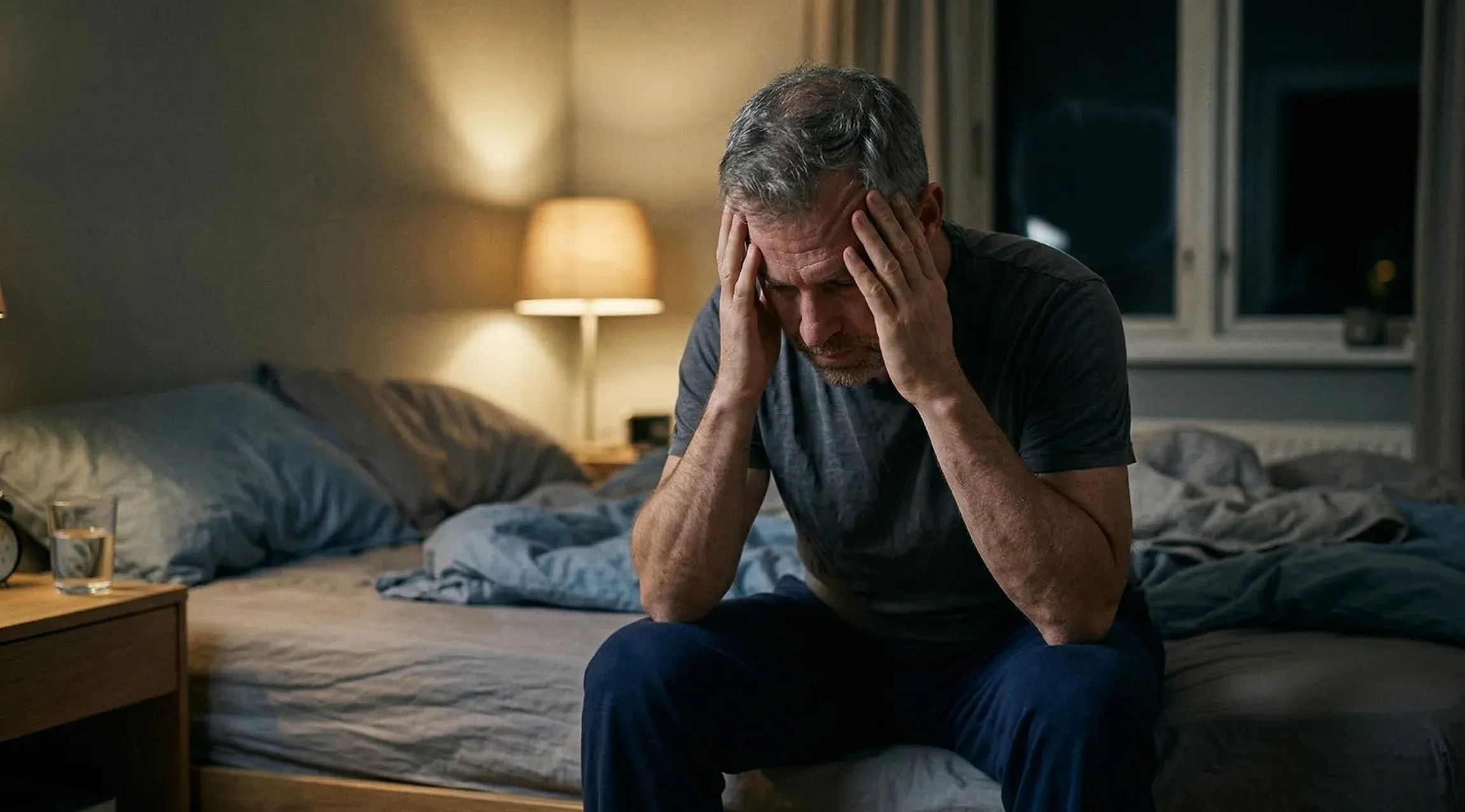 Tired middle-aged man sitting on bed worrying about his health