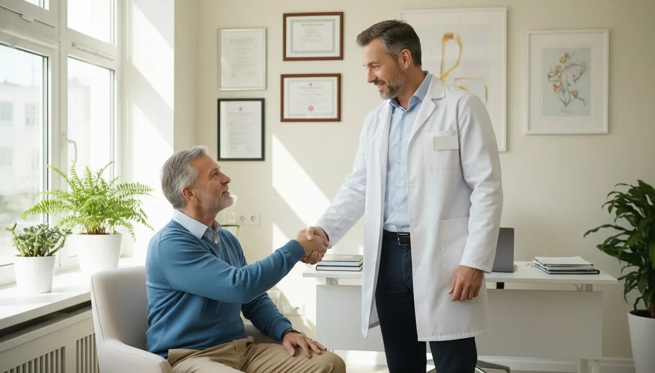 Urologist shaking hands with a male patient in a bright clinic room