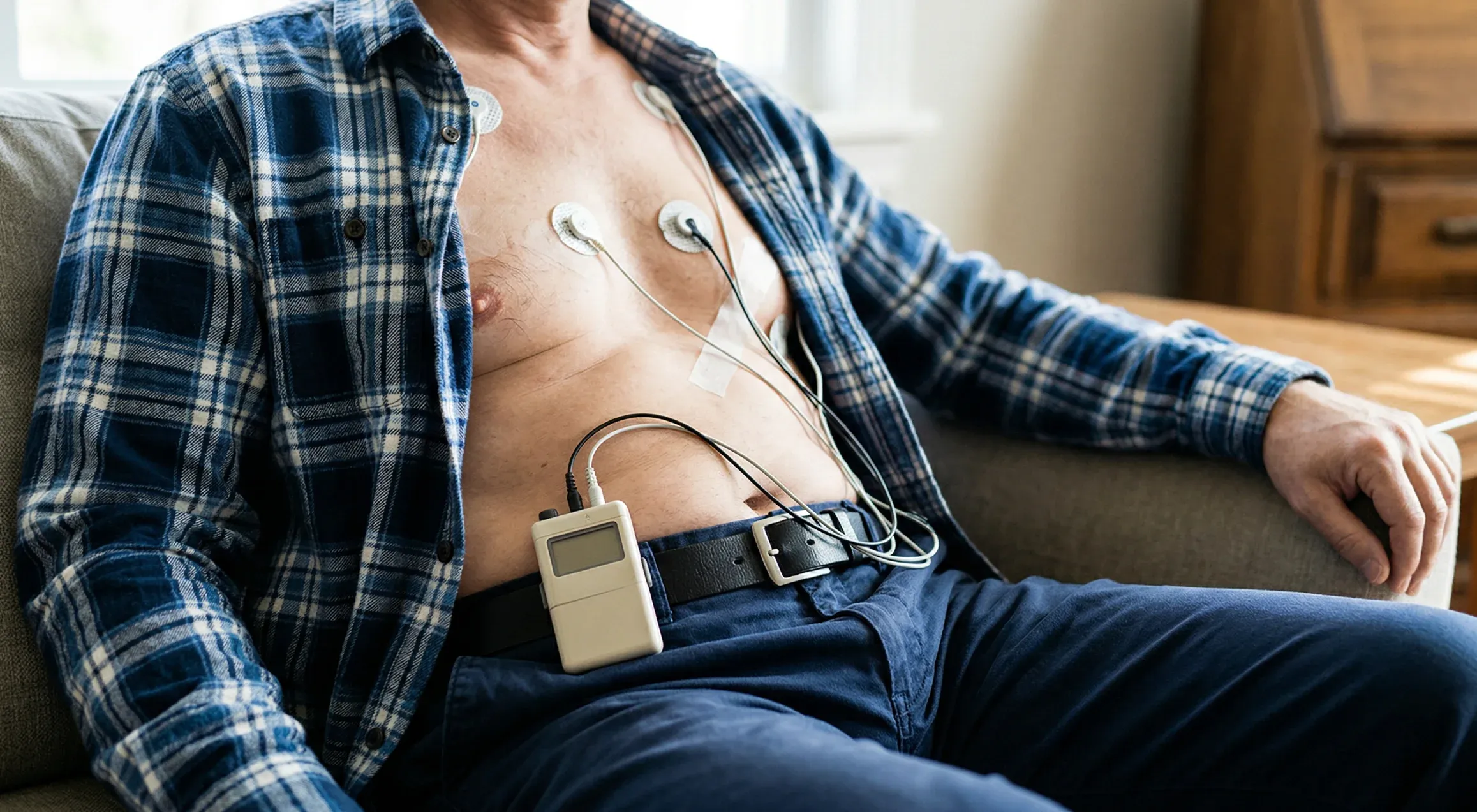 Patient wearing a 24-hour Holter monitor device for continuous heart rhythm recording