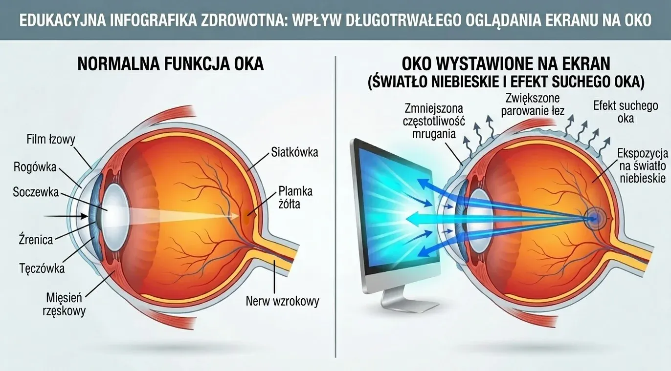 Eye physiology interacting with computer screen blue light and dry cornea