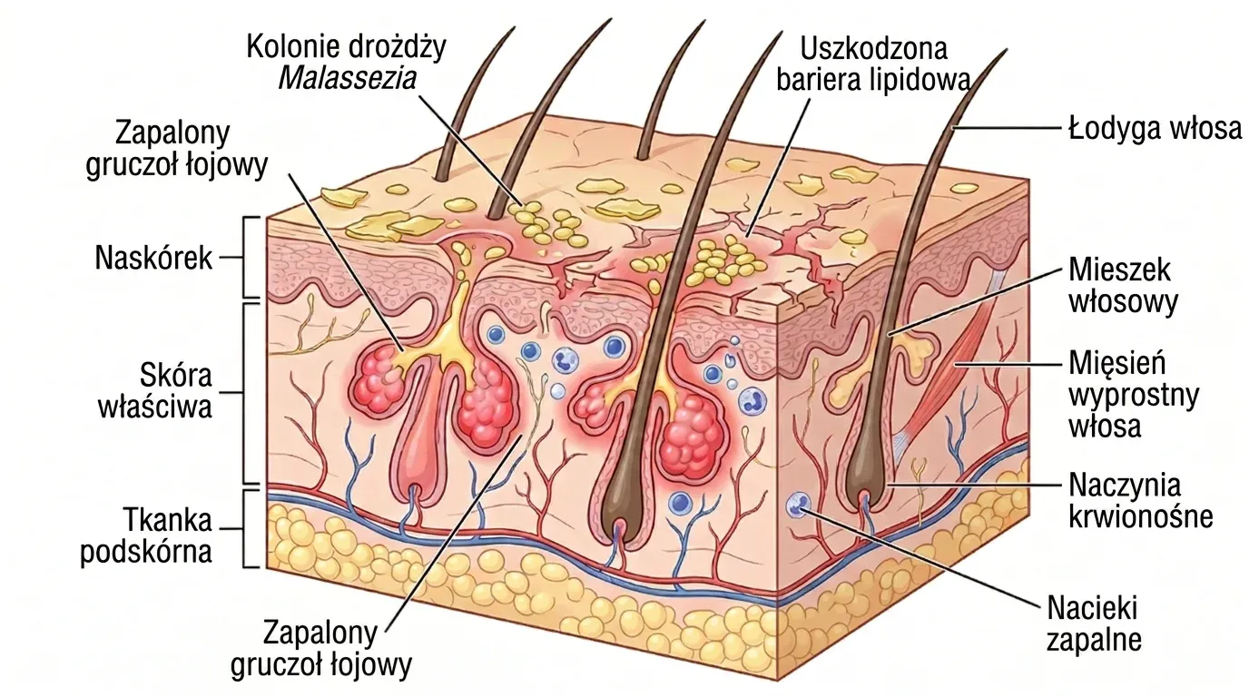 Diagram of scalp seborrheic dermatitis showing Malassezia fungus and inflamed sebaceous glands