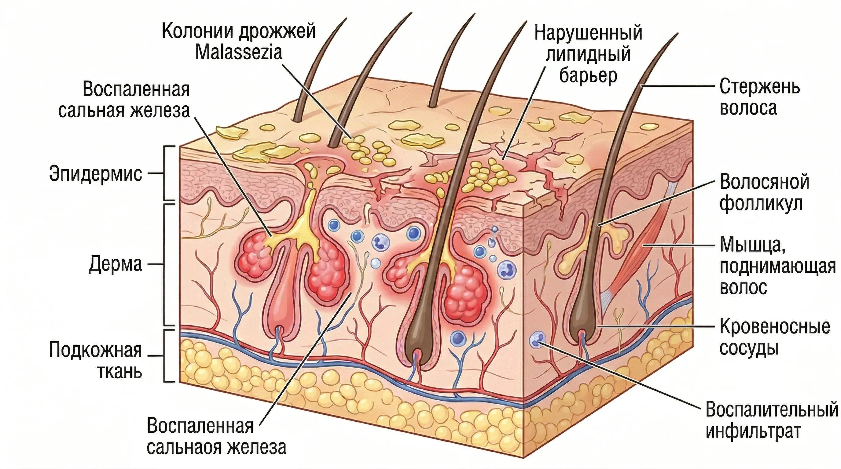 Diagram of scalp seborrheic dermatitis showing Malassezia fungus and inflamed sebaceous glands