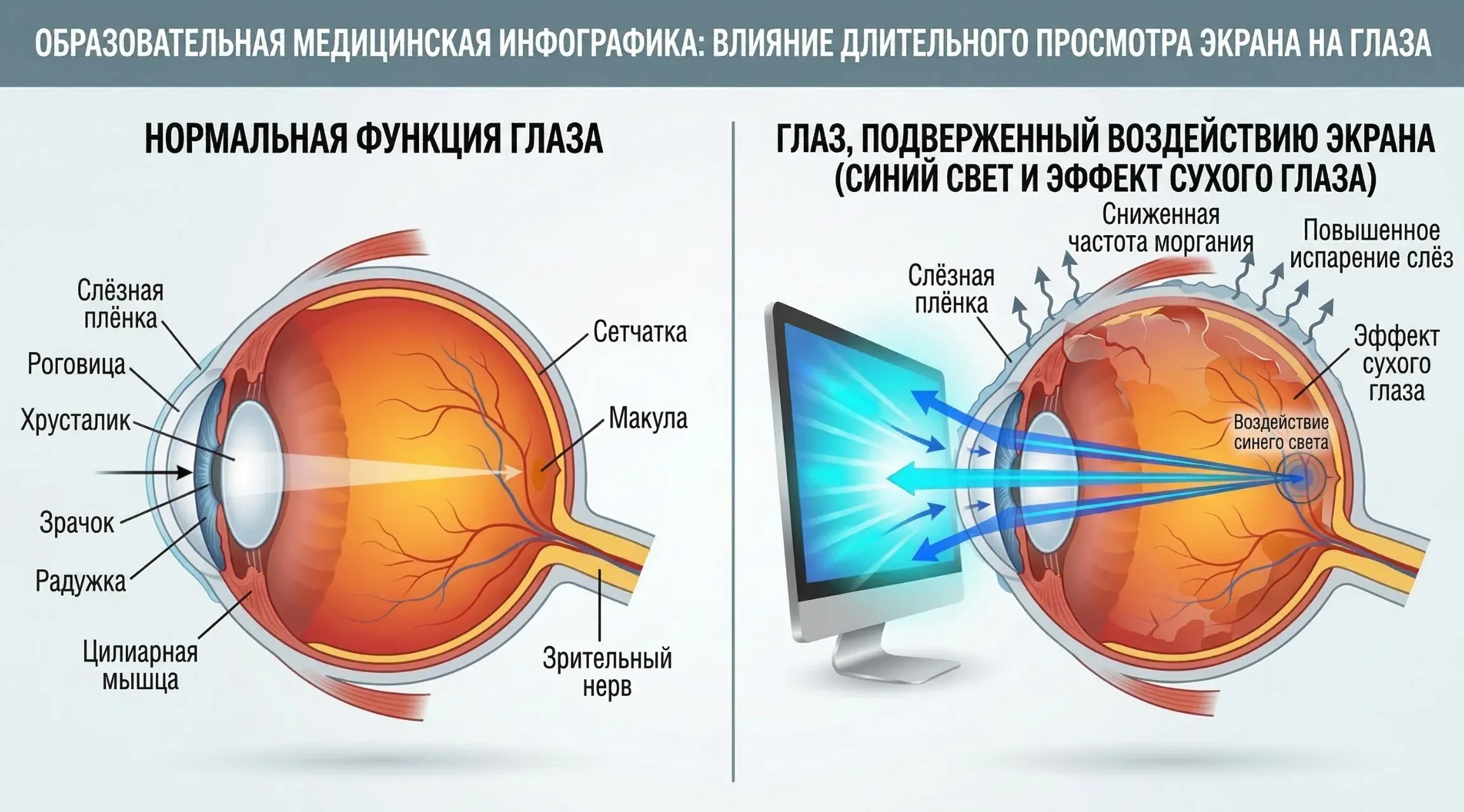 Eye physiology interacting with computer screen blue light and dry cornea