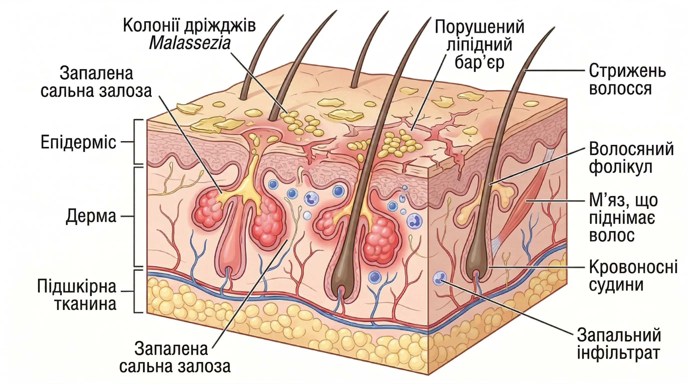 Diagram of scalp seborrheic dermatitis showing Malassezia fungus and inflamed sebaceous glands