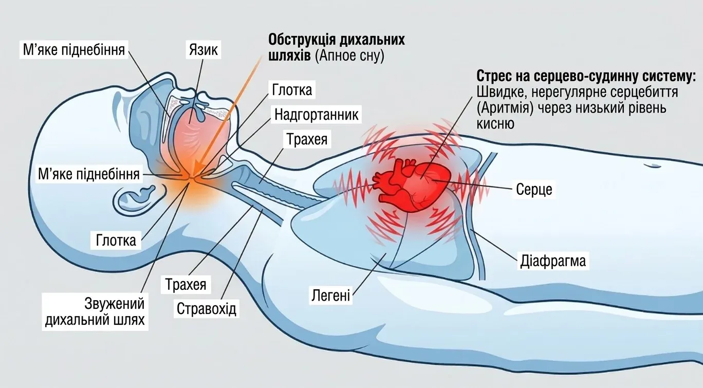 Medical diagram showing sleep apnea airway obstruction causing increased heart rate